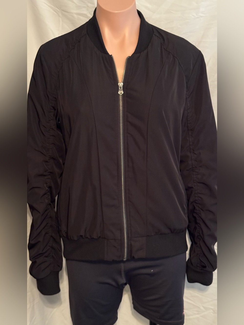 Caterpillar Womens Black Bomber Jacket With Ruched Sleeves - Classic Zip Front